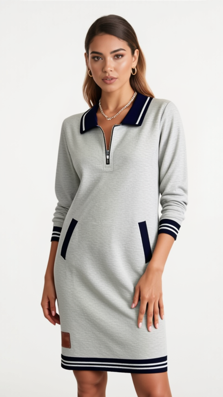 Vestido de manga larga con cremallera y cuello solapa