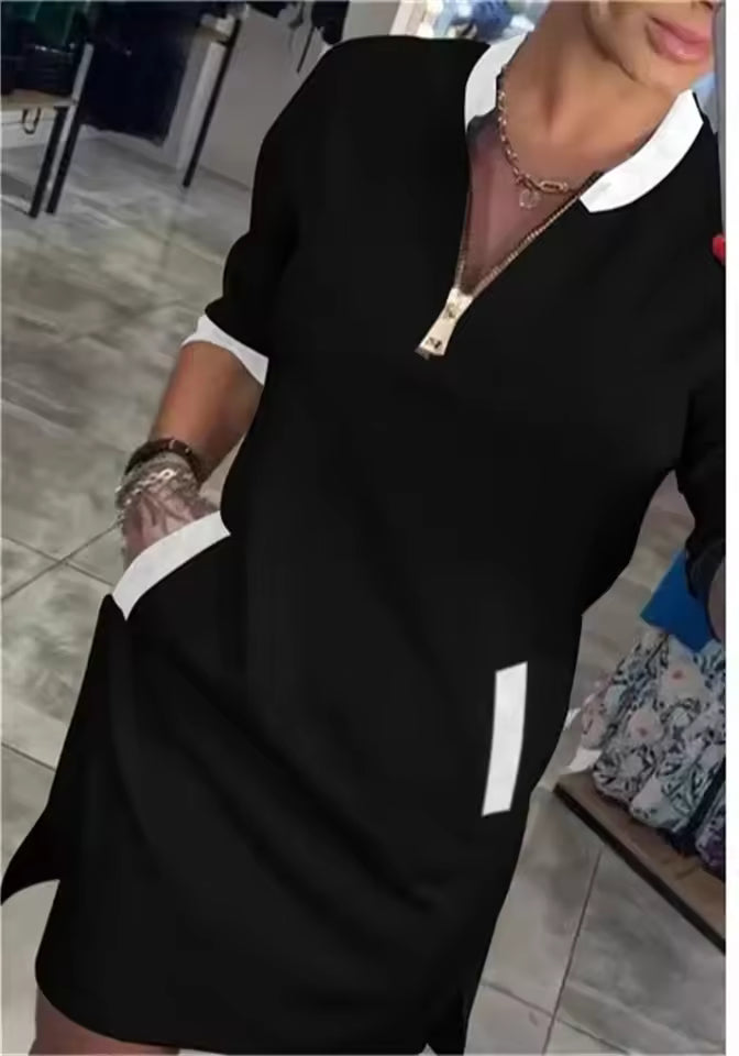 Vestido de manga larga con cremallera y cuello solapa