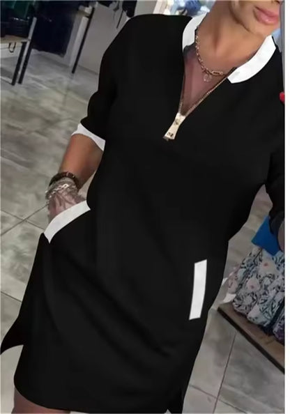 Vestido de manga larga con cremallera y cuello solapa