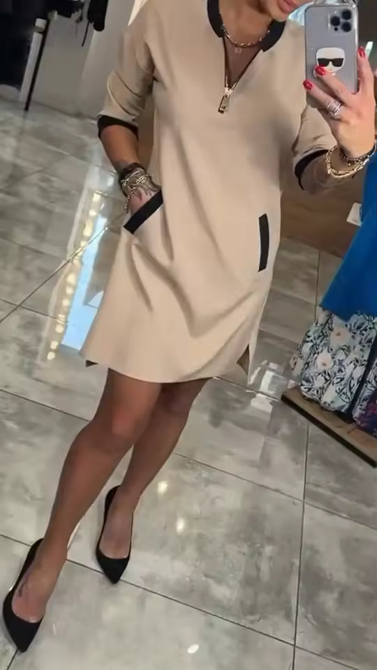 Vestido de manga larga con cremallera y cuello solapa