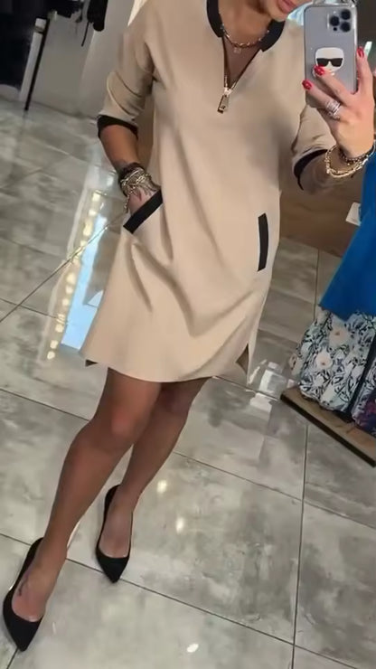 Vestido de manga larga con cremallera y cuello solapa