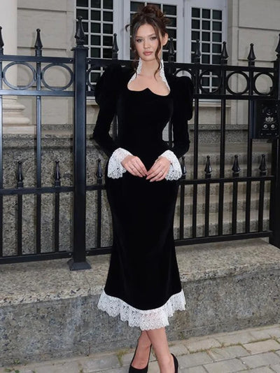 Vestido Elegante largo de terciopelo con ribete de encaje