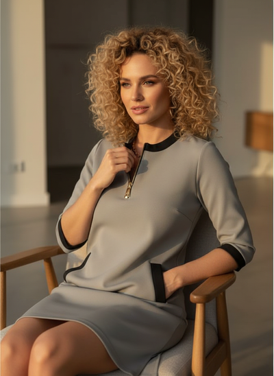 Vestido de manga larga con cremallera y cuello solapa