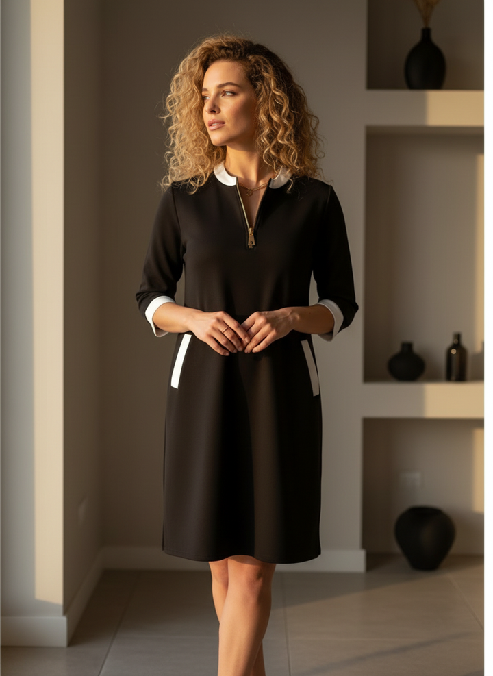 Vestido de manga larga con cremallera y cuello solapa