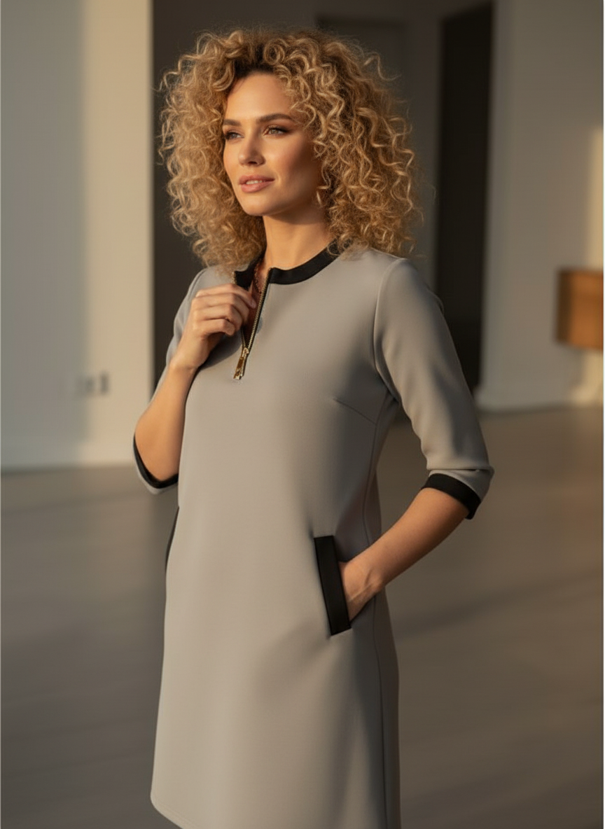 Vestido de manga larga con cremallera y cuello solapa