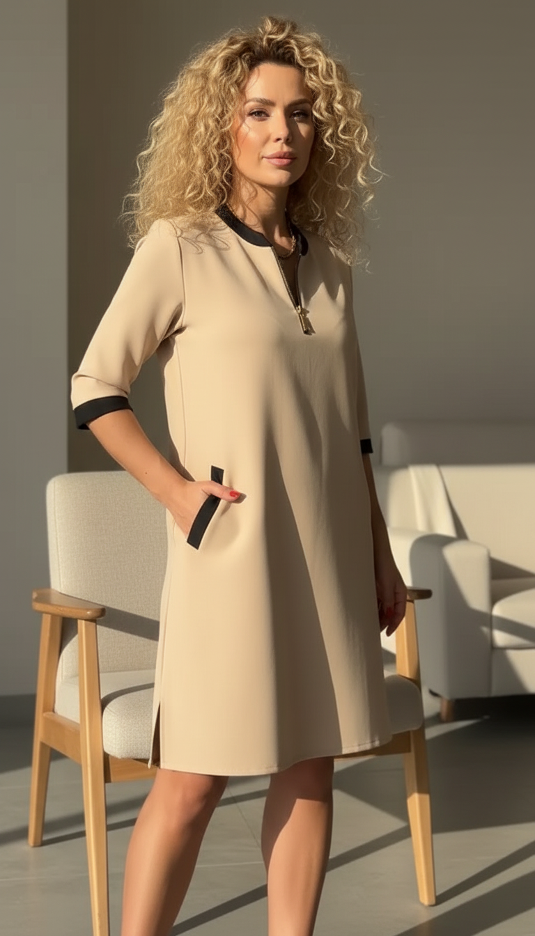 Vestido de manga larga con cremallera y cuello solapa