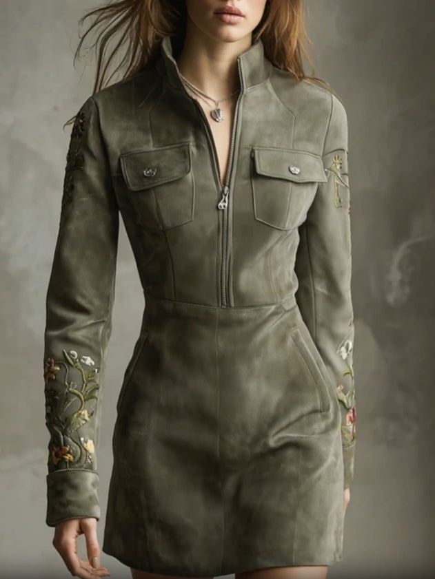 Minivestido verde bordado de ante sintético con media cremallera