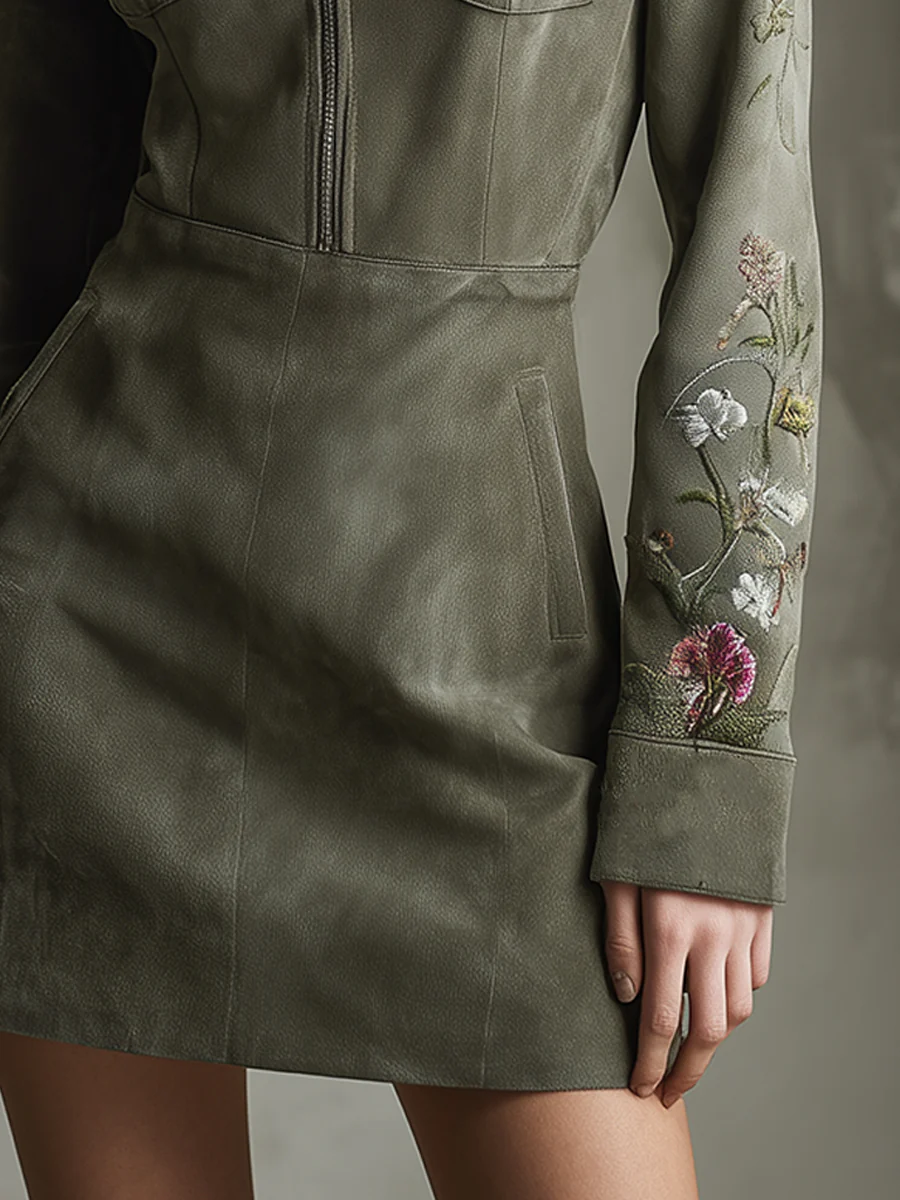 Minivestido verde bordado de ante sintético con media cremallera