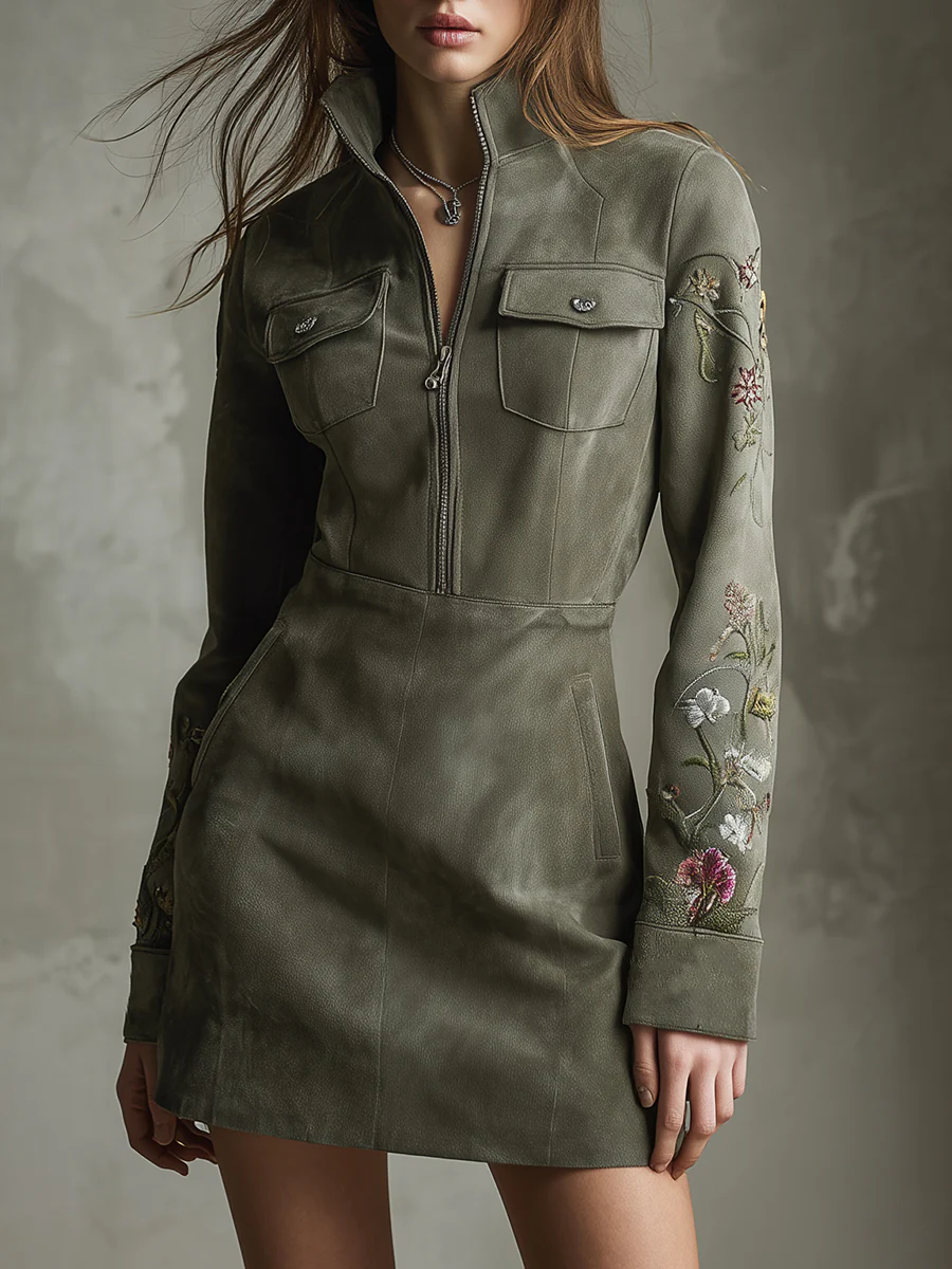 Minivestido verde bordado de ante sintético con media cremallera