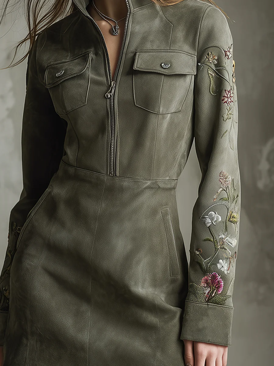 Minivestido verde bordado de ante sintético con media cremallera