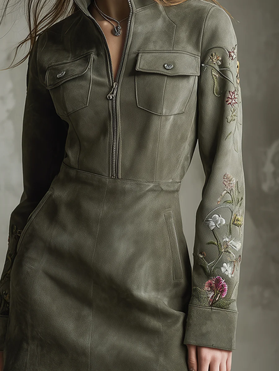 Minivestido verde bordado de ante sintético con media cremallera