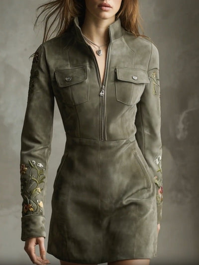 Minivestido verde bordado de ante sintético con media cremallera