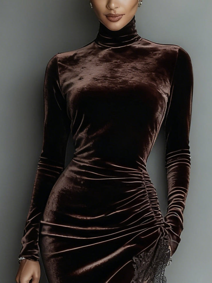 Isabella™ - Vestido largo ajustado de terciopelo chocolate con dobladillo de encaje irregular