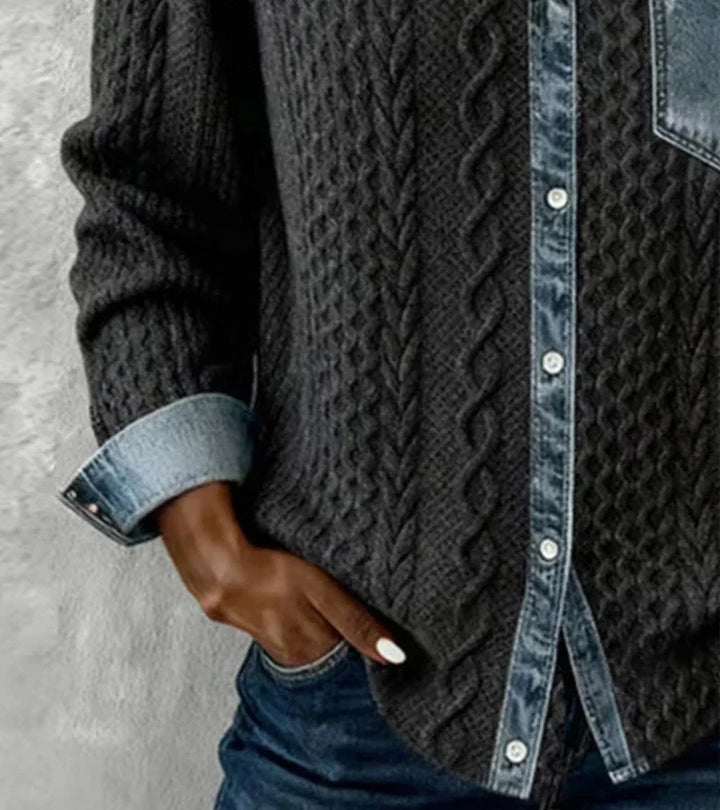 Ámbar | Top de punto patchwork con detalles vaqueros