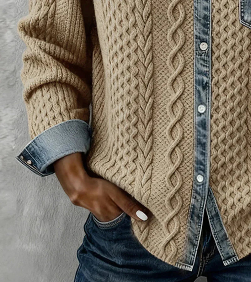 Ámbar | Top de punto patchwork con detalles vaqueros