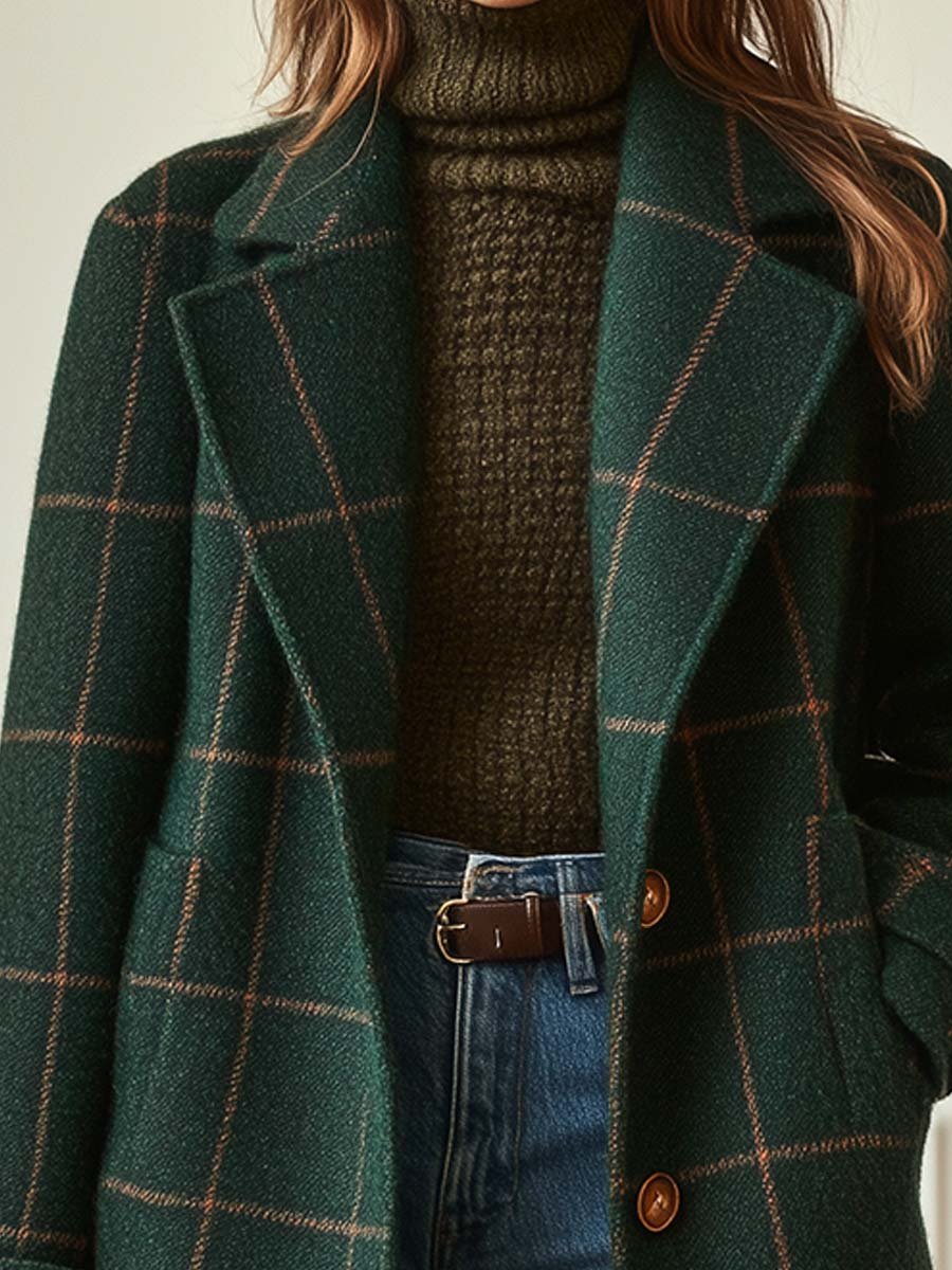 Abrigo de tweed a cuadros con solapa retro para mujer